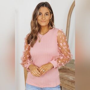 Double Take Textured Applique Long Sleeve Blouse